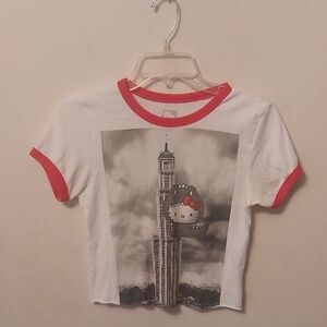 Sanrio Hello Kitty By Doe Godzilla Empire State Rare Ringer Crop Tee Sz Jr M